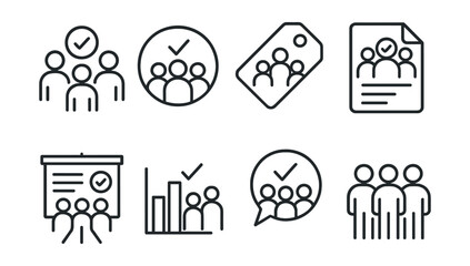Line style icons of group voting: team vote icon, collective decision badge, weighted vote tag, majority rule file, team survey board, group input chart, everyone votes bubble, group consensus symbol