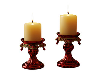 Two lit candles in red candle holders isolated on transparent background