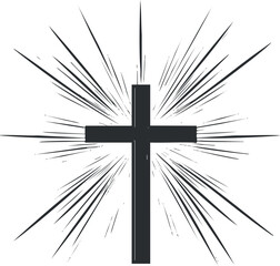 Silhouette of a black Christian cross with radiant light rays on white background symbolizing faith and spirituality.