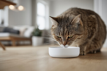 Obraz na płótnie Canvas A domestic cat eating pet food in a cozy home setting