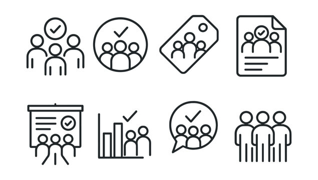Line style icons of group voting: team vote icon, collective decision badge, weighted vote tag, majority rule file, team survey board, group input chart, everyone votes bubble, group consensus symbol
