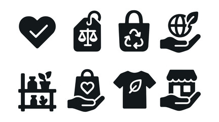 Solid style icons of conscious consumerism: ethical choice, fair label, reusable bag, sustainable product, eco shelf, conscious buy, slow fashion, support local.