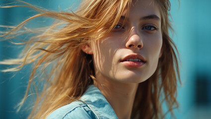 Portrait of a beautiful young woman with golden hair against a turquoise background