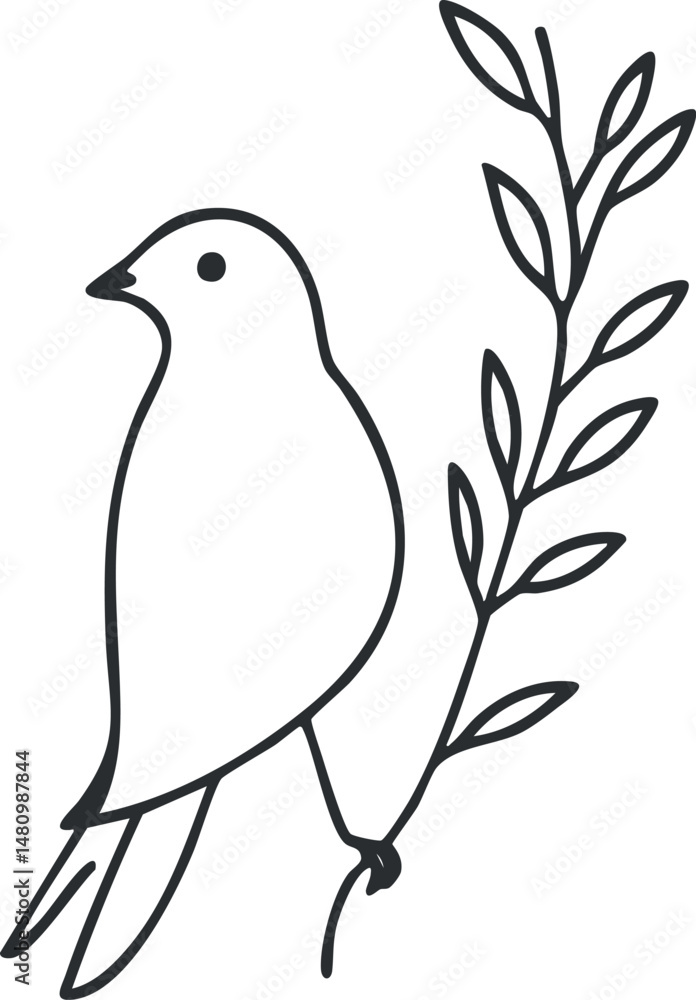 Poster minimalist line art of a bird perched on a leafy branch with simple outlines and nature theme.