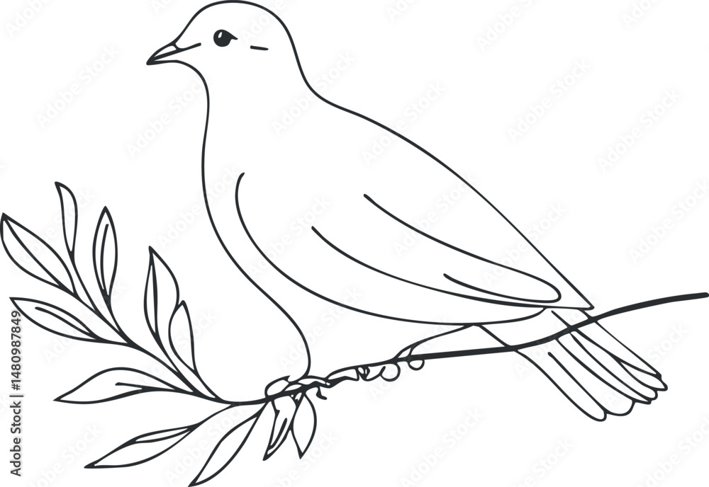 Poster line art illustration of a bird perched on a leafy branch in a simple minimal style