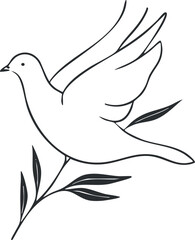 Minimalist line art illustration of a dove flying with leaves symbolizing peace and freedom