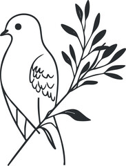 Black and white outline illustration of a dove perched on a leafy branch symbolizing peace and nature