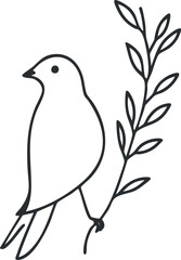Minimalist line art of a bird perched on a leafy branch with simple outlines and nature theme.