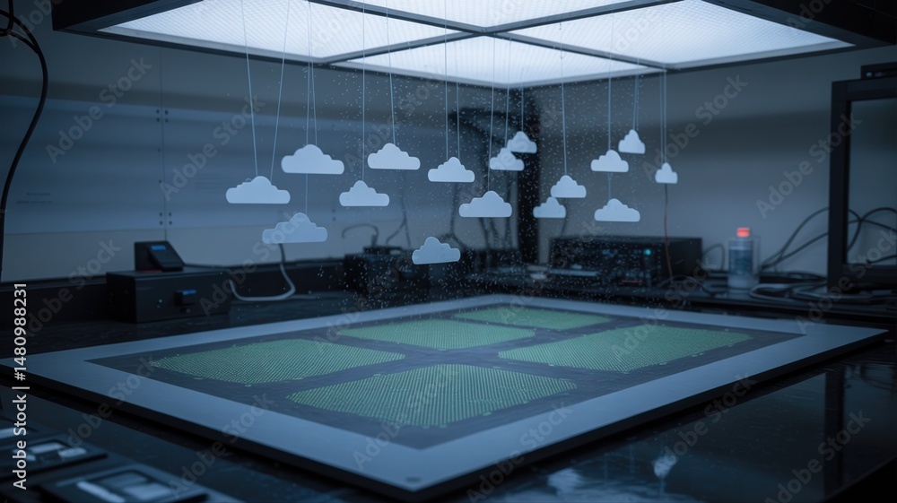 Poster conductive nanoparticles are raining down through stencil clouds onto a surface, creating a flexible