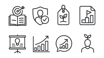 Line style icons of personal development for productivity: learning goals icon, self-improvement badge, growth mindset tag, progress milestone file, skill development board, growth chart, ability