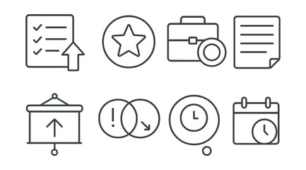 Line style icons of task prioritization: priority list icon, urgent task badge, quick decision tag, key objectives file, top priority board, important vs urgent chart, task focus bubble, deadline