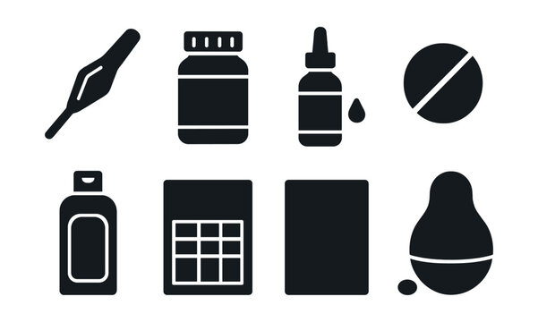 Solid style icons of pet pharmacy products: flea treatment, pet vitamins, ear drops, deworming pill, pet shampoo, dosage chart, pet prescription, treat dispenser.