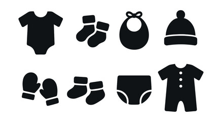 Solid style icons of baby clothing: onesie, baby socks, bib, baby hat, mittens, booties, diaper cover, romper.