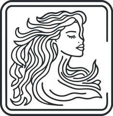 Stylized black and white line art of a woman's profile with flowing wavy hair and closed eyes