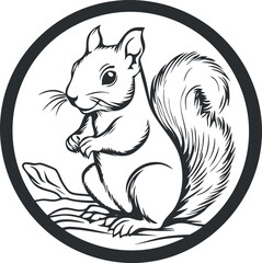 Black and white illustration of a squirrel sitting on a tree branch inside a circular frame