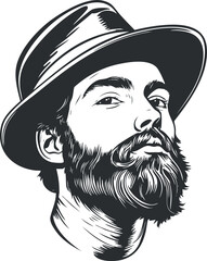 Black and white illustration of a bearded man wearing a hat looking confidently to the side