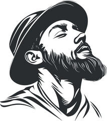Black and white vector illustration of a bearded man wearing a hat looking relaxed with closed eyes in profile
