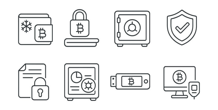 Line style icons of crypto investments: cold storage portfolio icon, offline asset protection, private key vault for investments, insured custody badge, emergency access backup plan, vault audit