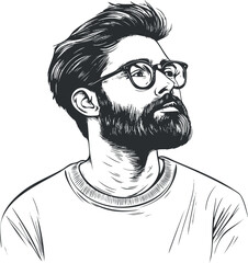 Black and white sketch illustration of a young bearded man wearing glasses looking to the side