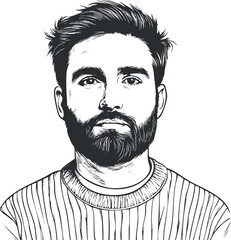 Black and white line art portrait of a young bearded man wearing a striped sweater with a serious expression.