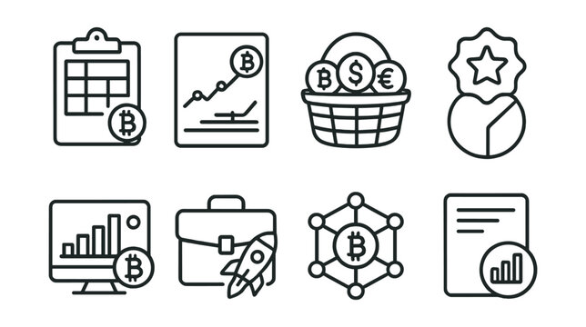 Line style icons of crypto investments: crypto ETF portfolio, index fund tracker, basket of assets icon, weighted index badge, market cap index tracker, thematic investment portfolio, decentralized