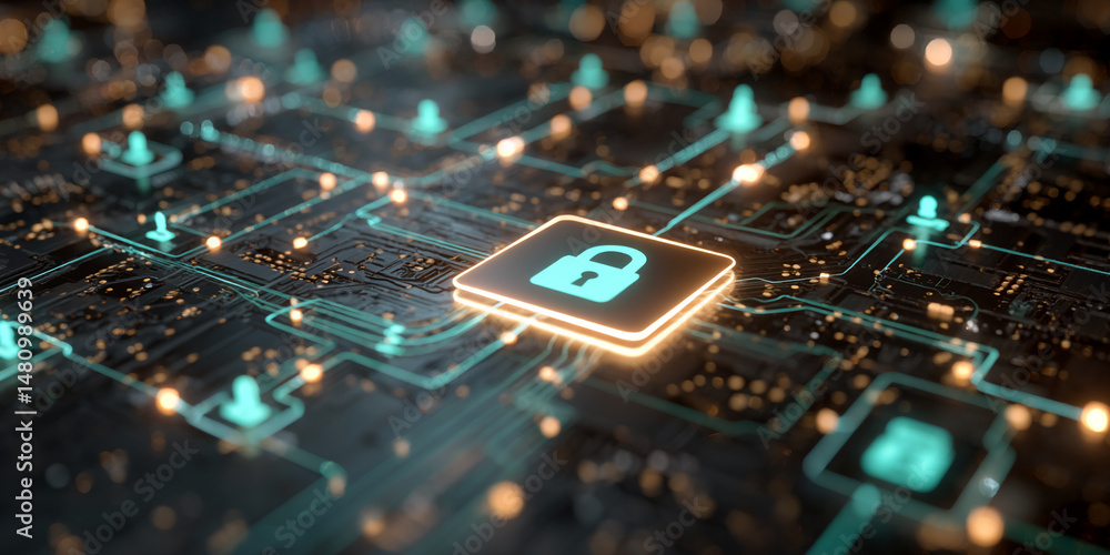 Poster Cybersecurity concept image showcasing a glowing padlock icon on a circuit board, symbolizing data protection and network security