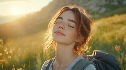 Serene Young Woman in Sunlit Wildflower Meadow