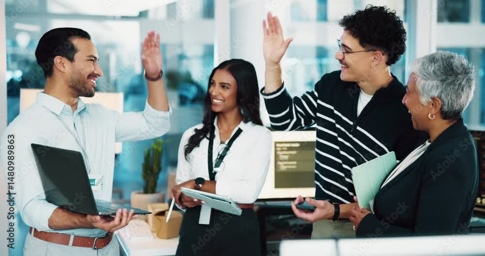 Poster Office, excited and colleagues with laptop, high five and gesture for achievement, group and happy. Success, programmer and people with smile for web development, team and celebration for project