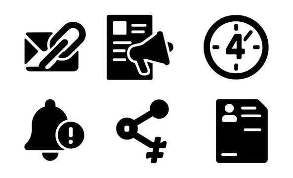 Solid style icons of event marketing: invite link, promo flyer, guest list, countdown clock, RSVP alert, social share, campaign hashtag, feedback form.