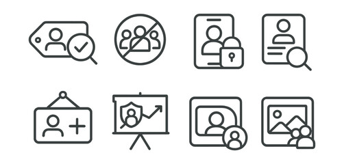 Line style icons of safe social media habits: review tags icon, limit followers badge, story privacy tag, profile review file, friend request board, safe share chart, post delay bubble, filter