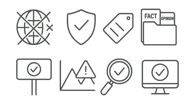 Line style icons of fact-checking basics: cross-check source icon, verify headline badge, compare info tag, fact vs opinion file, reliable source board, fake alert chart, truth scanner bubble, media