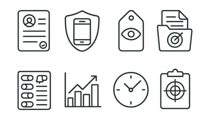 Line style icons of app dashboards for attention: session log icon, daily screen usage badge, attention span tag, focus report file, alert control board, input vs output chart, time awareness bubble,