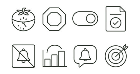 Line style icons of focus apps and tools: Pomodoro timer icon, block distractions badge, single-task mode tag, work session file, silence notification board, deep work chart, task bell bubble, focus