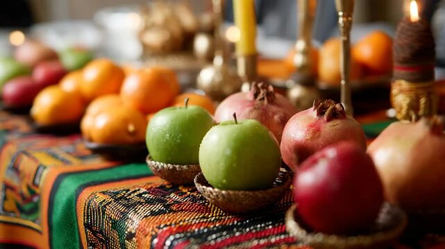 A vibrant display of fresh fruits, including apples and pomegranates, arranged on a beautifully patterned fabric, symbolizing abundance and cultural celebration.