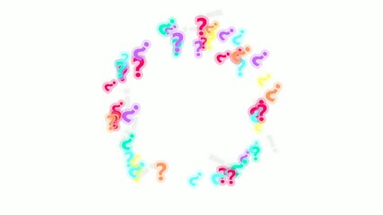 Neon question marks spiral on white, glowing and rotating exclamations in dynamic clean scene - Powered by Adobe