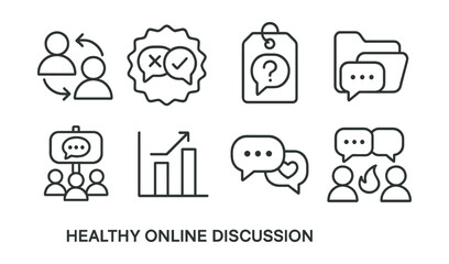 Line style icons of healthy online discussion: take turns icon, “agree to disagree” badge, open question tag, respectful thread file, group chat guide board, “I” statements chart, share not shame