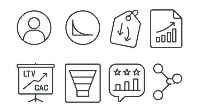 Line style icons of early metrics and KPIs: daily active user icon, retention curve badge, conversion rate tag, growth chart file, LTV vs CAC board, funnel stages chart, feedback stats bubble, key
