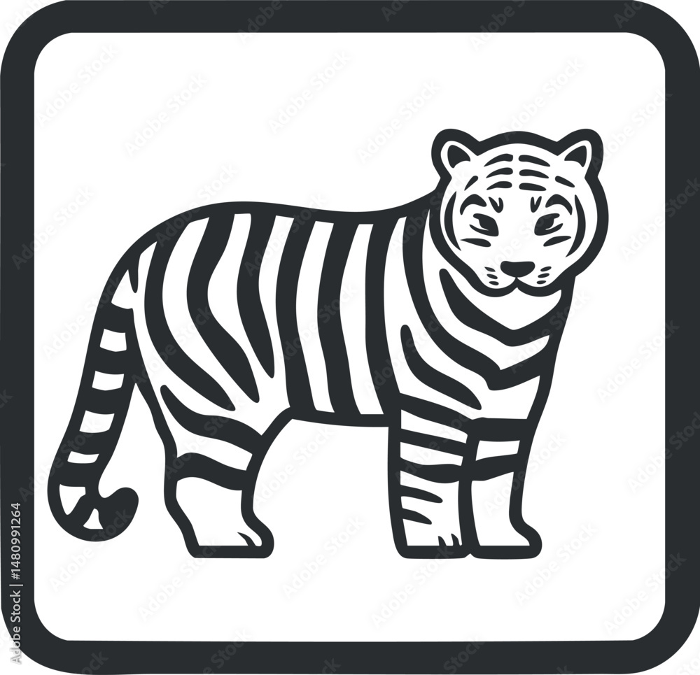 Poster black and white icon of a tiger with distinctive stripes in a square frame symbolizing wildlife and 