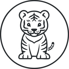 Line art illustration of a cute tiger cub sitting facing forward inside a circle frame