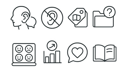Line style icons of digital listening skills: active listen icon, don’t interrupt badge, read fully tag, ask before jump-in file, listen emoji board, summary reply chart, hear the heart bubble, “just