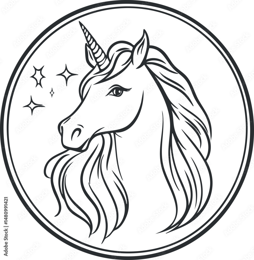 Poster black and white line art illustration of a mythical unicorn head with flowing mane inside a circular