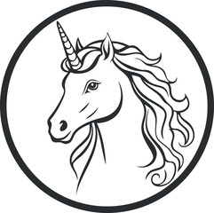 Black and white line art illustration of a unicorn head with flowing mane inside a circle frame
