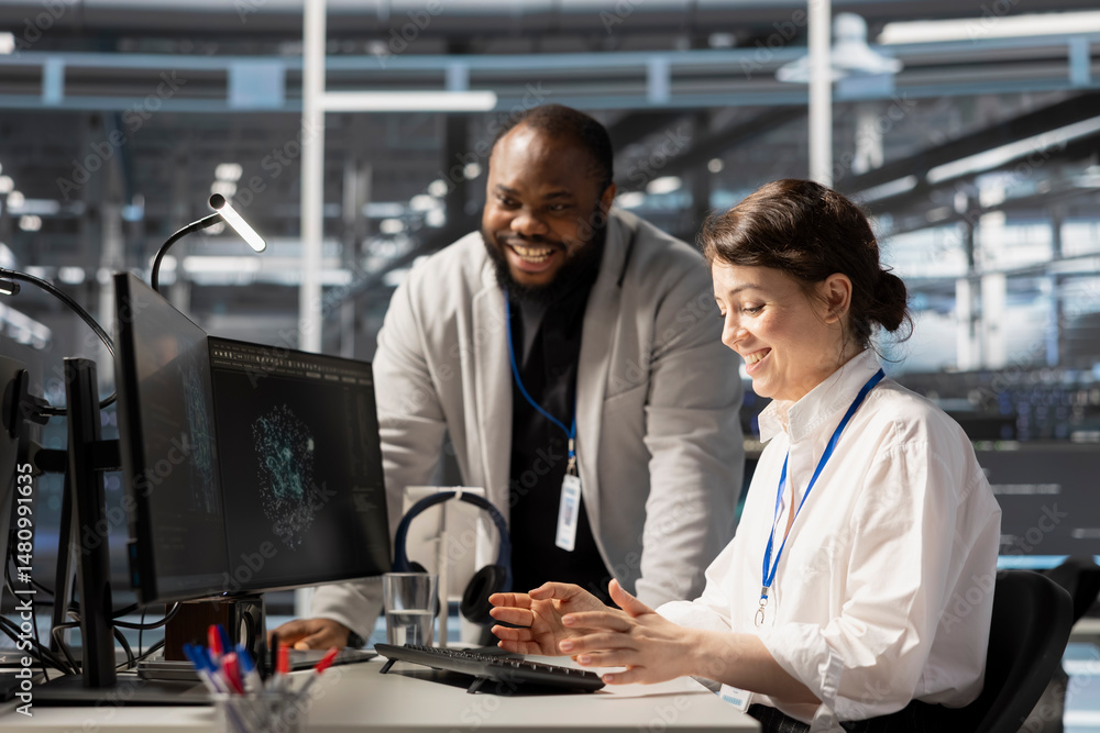 Poster delighted data center team leader reacting with satisfaction after seeing improved system efficiency