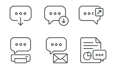 Line style icons of chat history export: download chat icon, save conversation badge, export chat tag, archive messages file, print thread board, email chat chart, backup file bubble, chat document