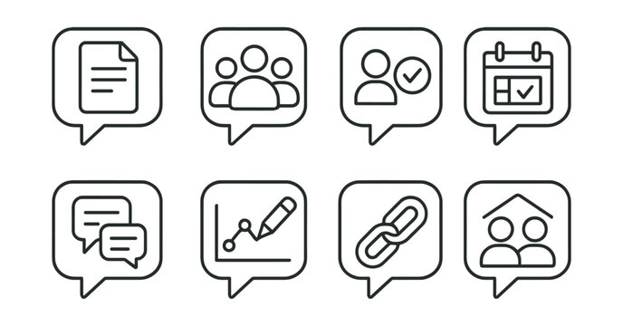 Line style icons of collaborative tools in chat: shared file icon, team discussion badge, task allocation tag, shared calendar file, comment thread board, real-time edit chart, collaborative link