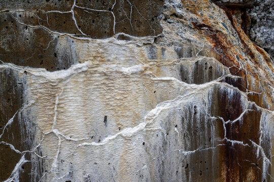Efflorescence, white deposits of mineral salts on the surface of a concrete wall, creating low porosity concrete. The concrete is stained yellow because of water seeping into the small cracks.