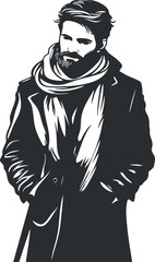 Black and white vector illustration of a stylish bearded man wearing a scarf and coat in winter fashion