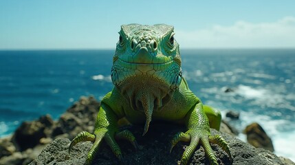 Green iguana on a rocky outcrop overlooking ocean