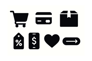 Fototapeta premium Solid style icons of online shopping: shopping cart, credit card, delivery truck, product box, discount tag, mobile payment, wishlist heart, checkout button.