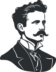 Vintage black and white illustration of a man with mustache wearing a formal suit and tie in profile